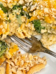 close up of cheesy vegetarian slow cooker broccoli casserole